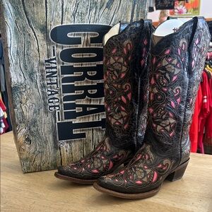 Corral Black Leather Cowboy Boots with Pink Cutout Inlay
